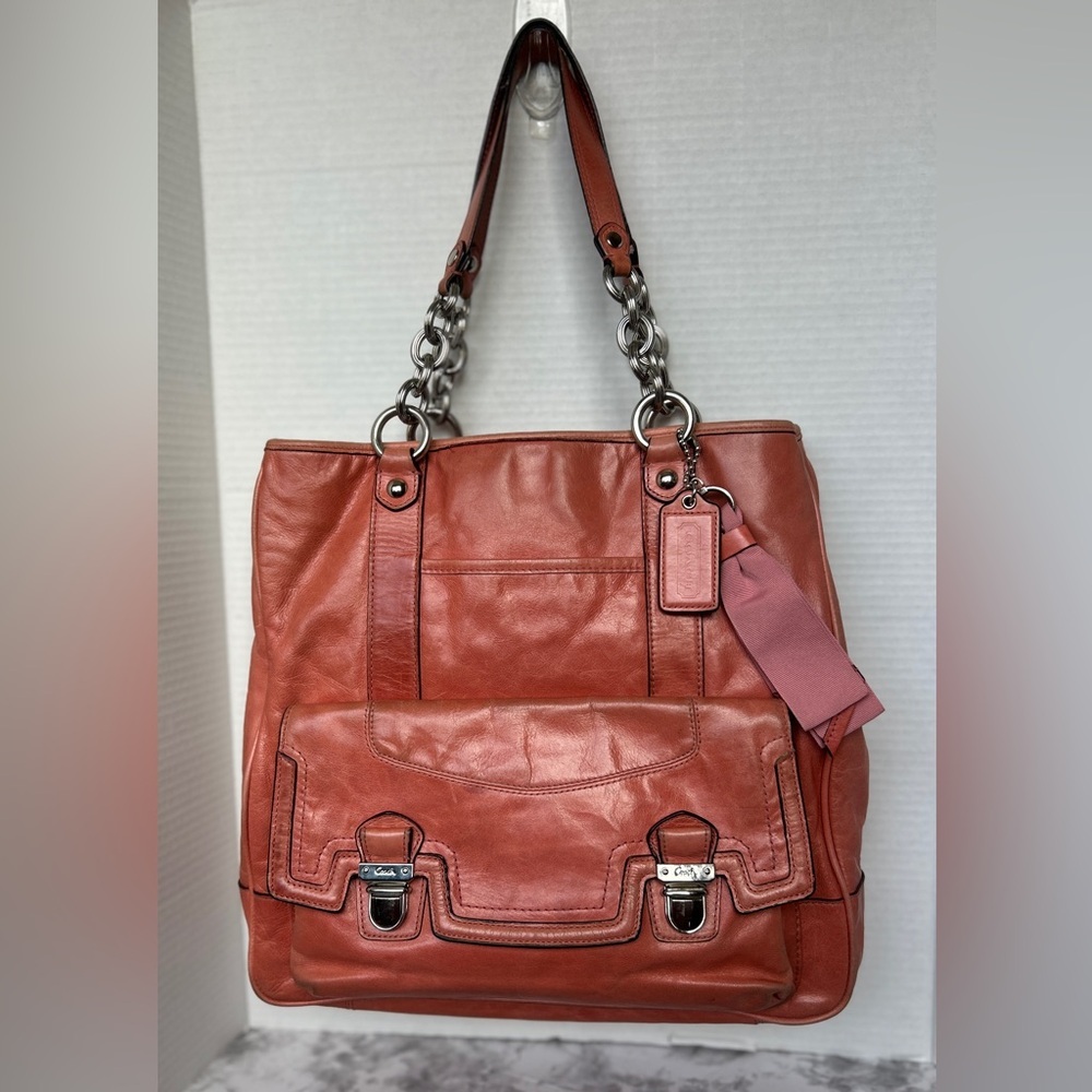 Coach Poppy Camellia Leather Pushlock Tote Antique Rose